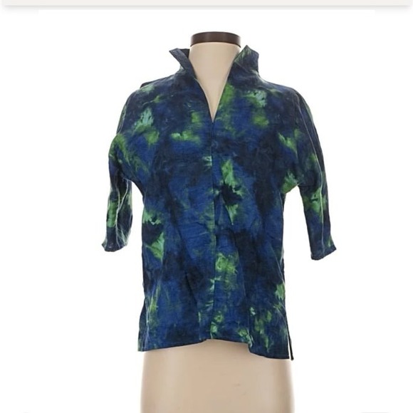 ANN MASHBURN Tops - Ann Mashburn Tie Dye Split V-Neck Short Sleeve Top Size xl Cotton Boho Luxury